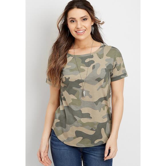 Maurices 24/7 Multi-Tone Green Camo Camouflage Short Sleeve Top Size Small - Picture 1 of 9